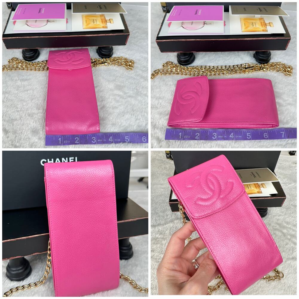 Chanel pink leather phone case pouch crossbody bag with chains CUTE - Picture 11 of 12